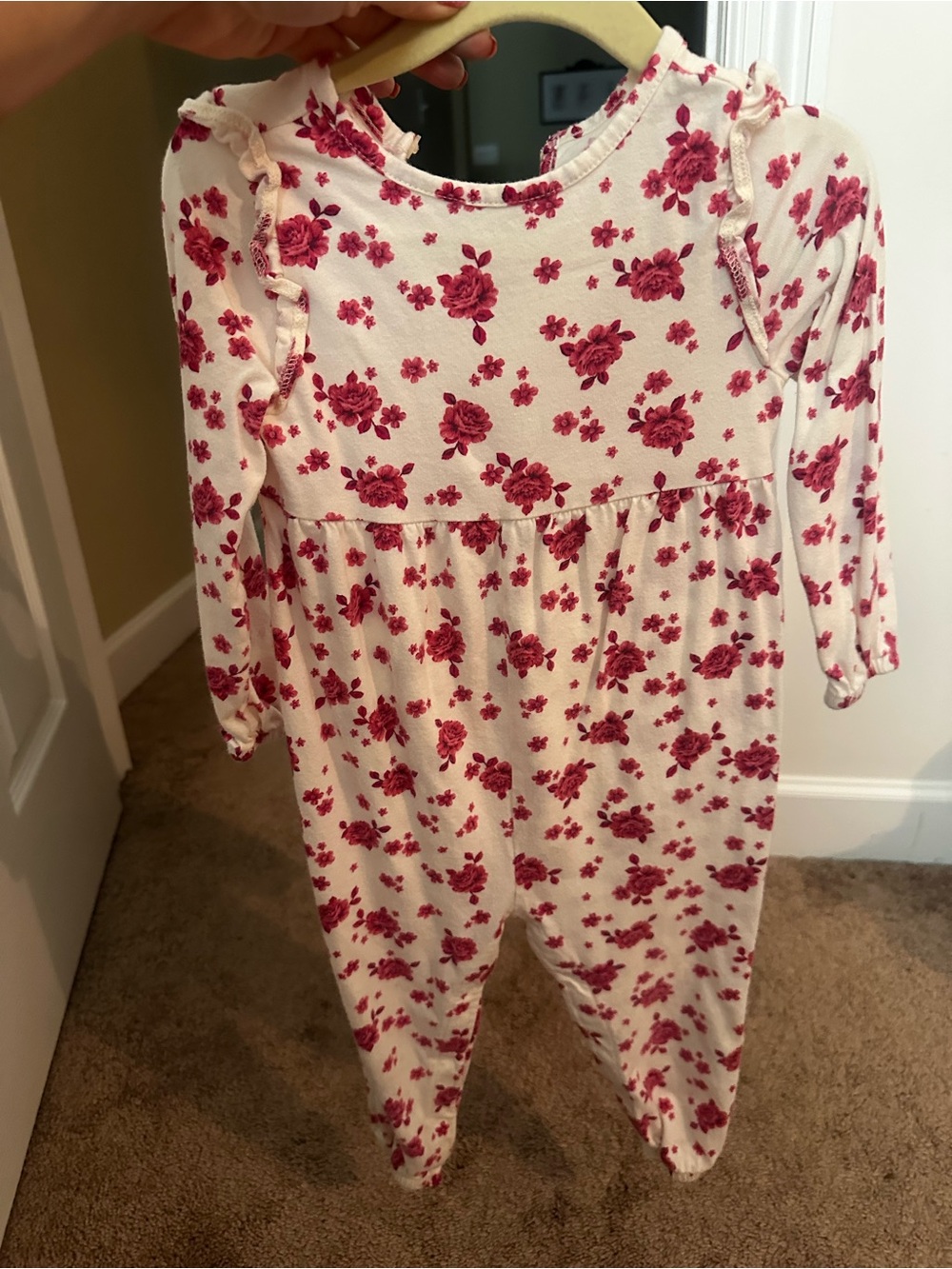 Old Navy Cream Floral Long-Sleeve One-Piece with Pink Rose Print